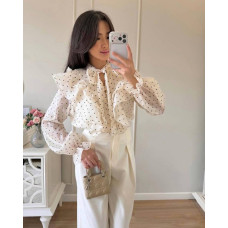 Повсякденна літня жіноча сорочка з довгим рукавом, воланами та зав'язкою на шиї, колір молоко, 46-48 likes-852875